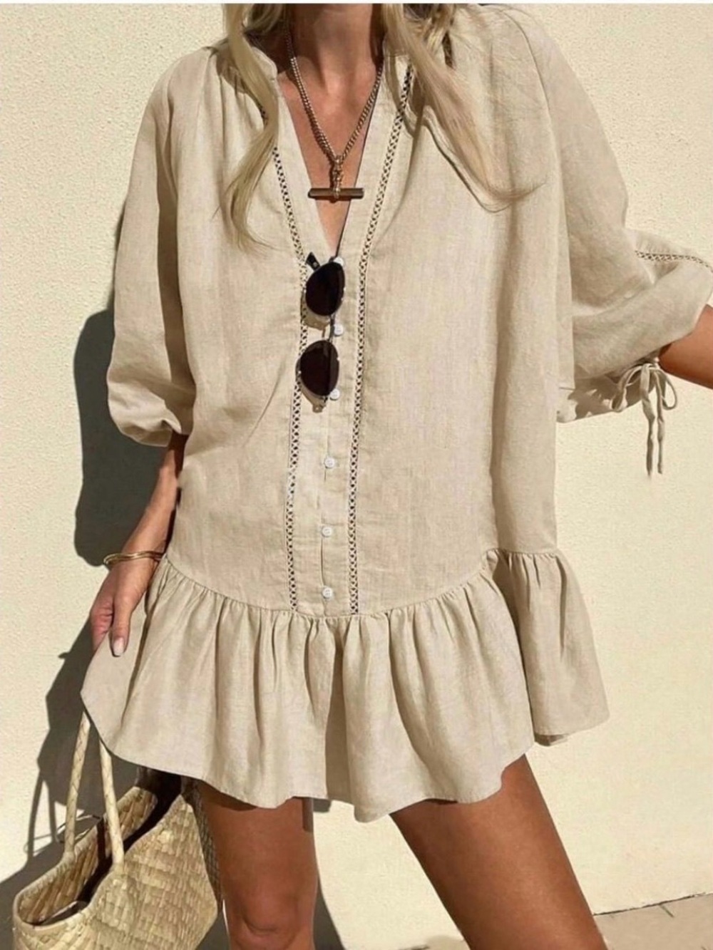 Beige Linen Peasant Tunic Dress